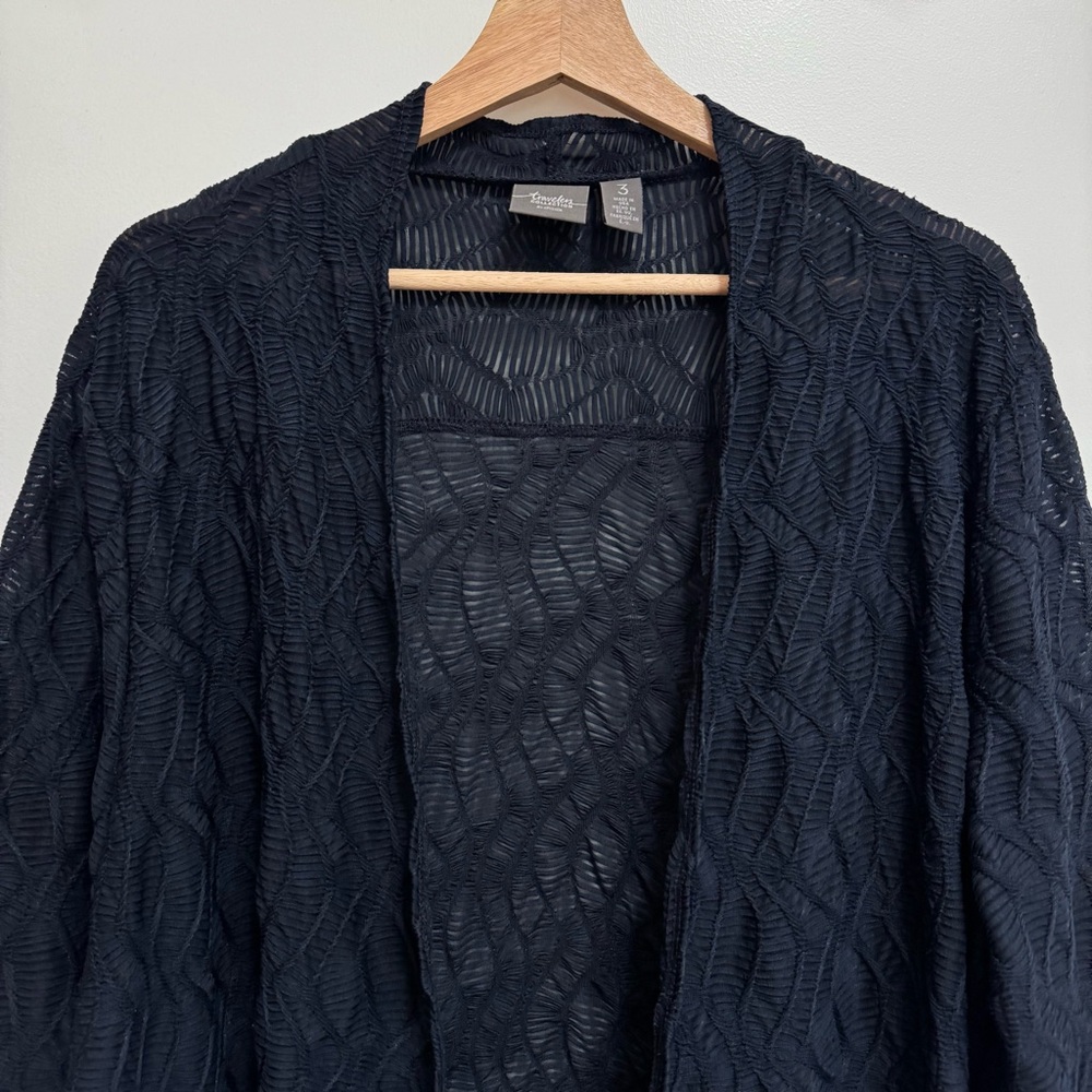 Chico’s Travelers Textured Semi-Sheer Cardigan Women XL Longline Open Front Navy - Picture 3 of 13